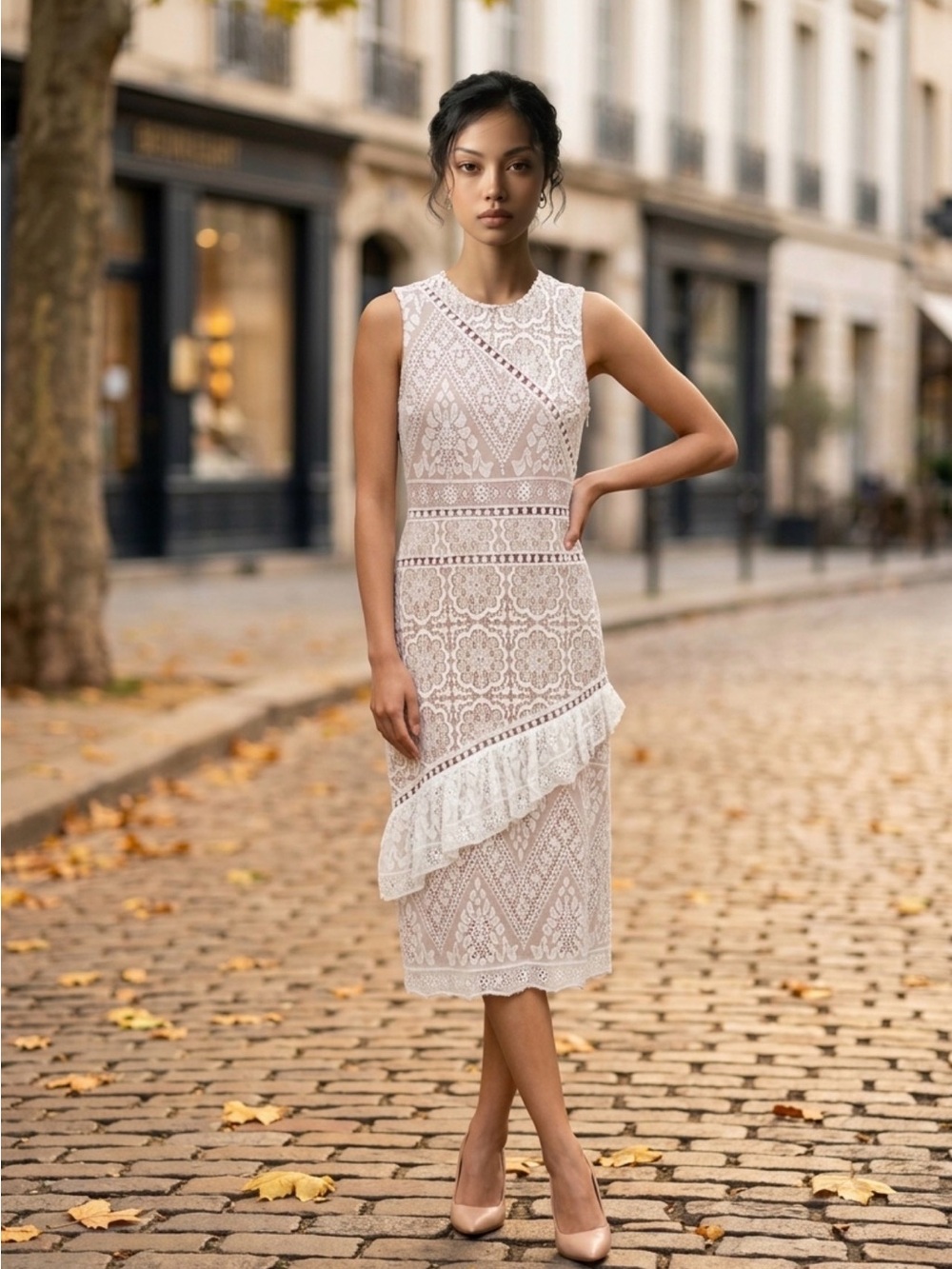 Sea NY x Barneys New York White Lace Ruffle Midi Dress Size 4
